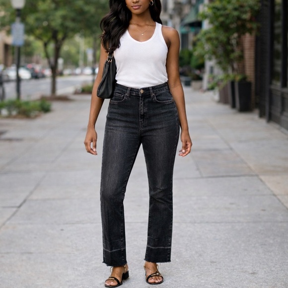 Veronica Beard Denim - Veronica Beard Ryleigh Black Slim Straight High Rise Jeans Raw Hem Size 27